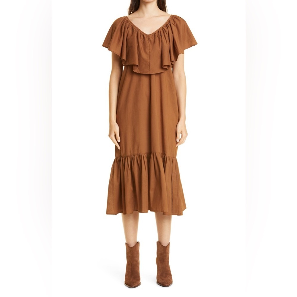 Mille Juliet Dress Trapeze Ruffle Neck Midi Dress Cafe Brown XXS - Picture 4 of 7